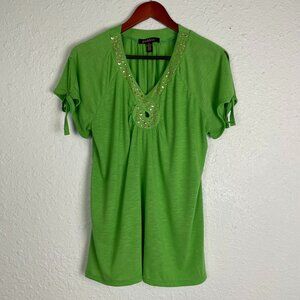 Goddess Embellished Top Women Size XL Green Studded V-Neck Tie Short Sleeve